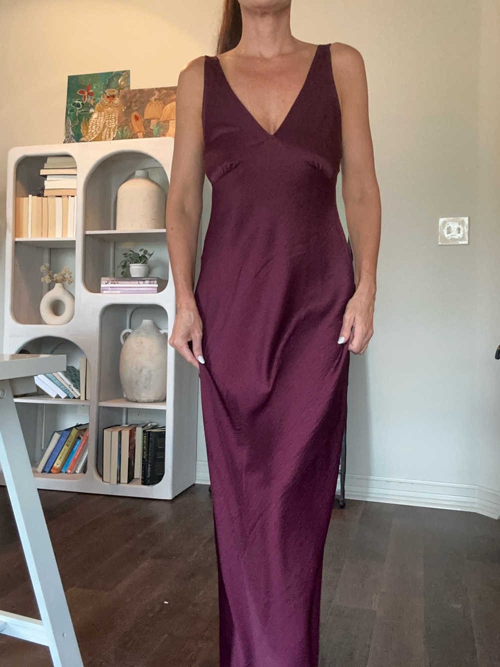 Bebe Sleeveless V-Neck Burgundy Satin Maxi Dress